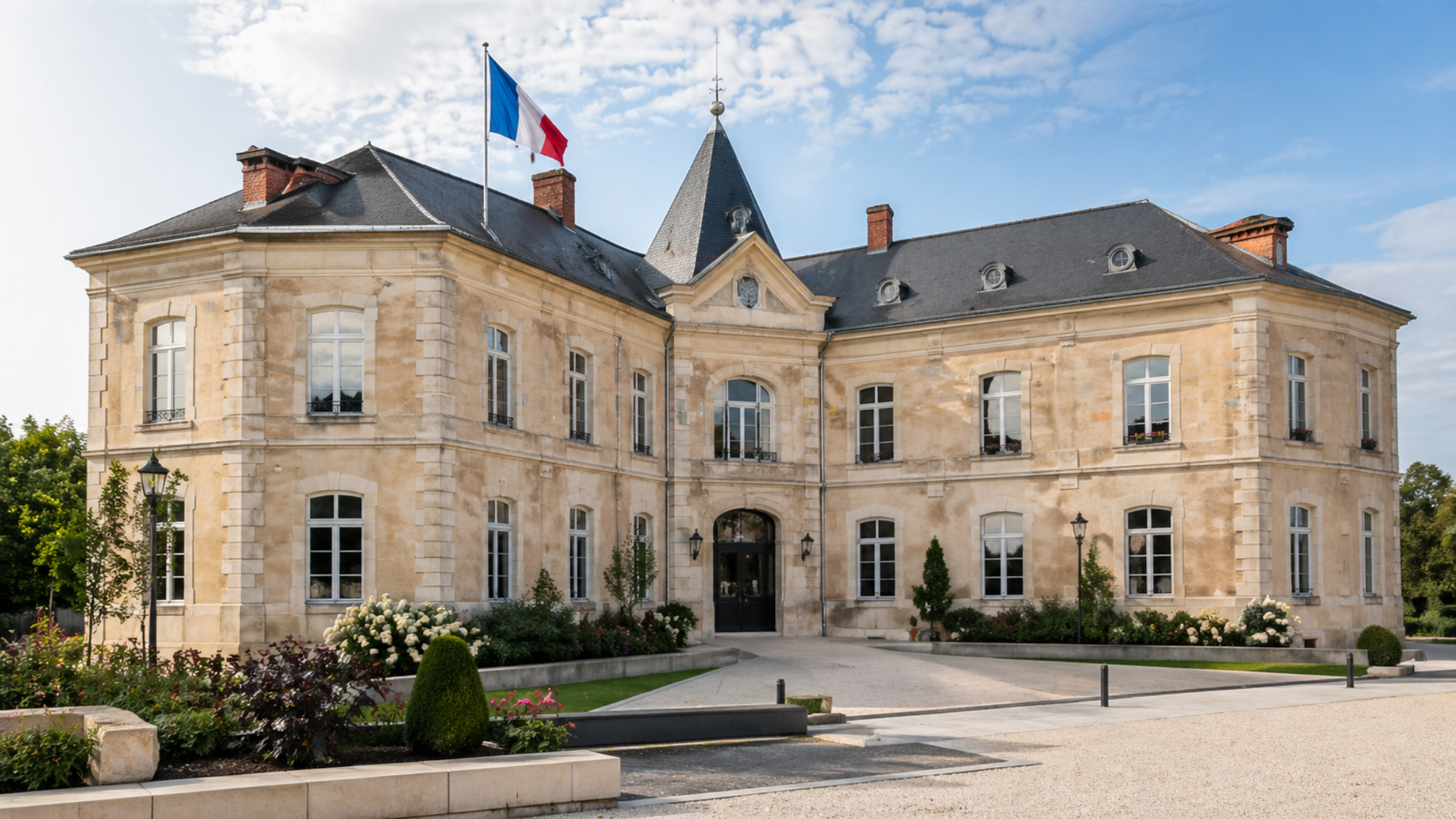 Bâtiment public en pierre avec drapeau français