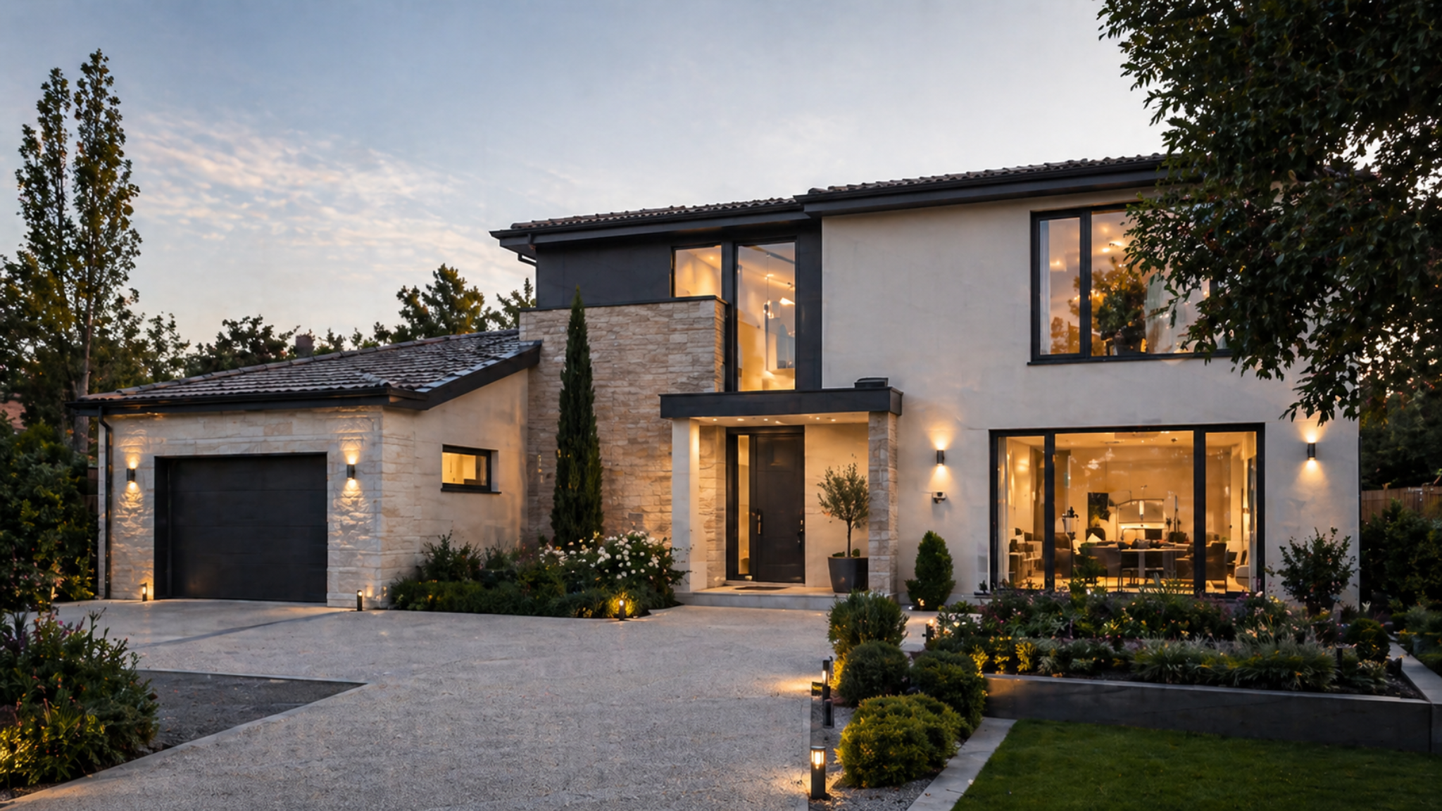 Maison contemporaine éclairée en soirée